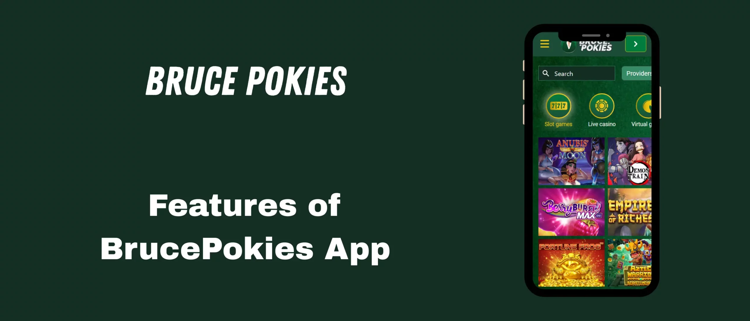 Features of BrucePokies app.